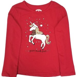 Girls Holiday Time Red Unicorn Santa Hat "Snow Much Fun" Shirt Size XL 14-16 NWT